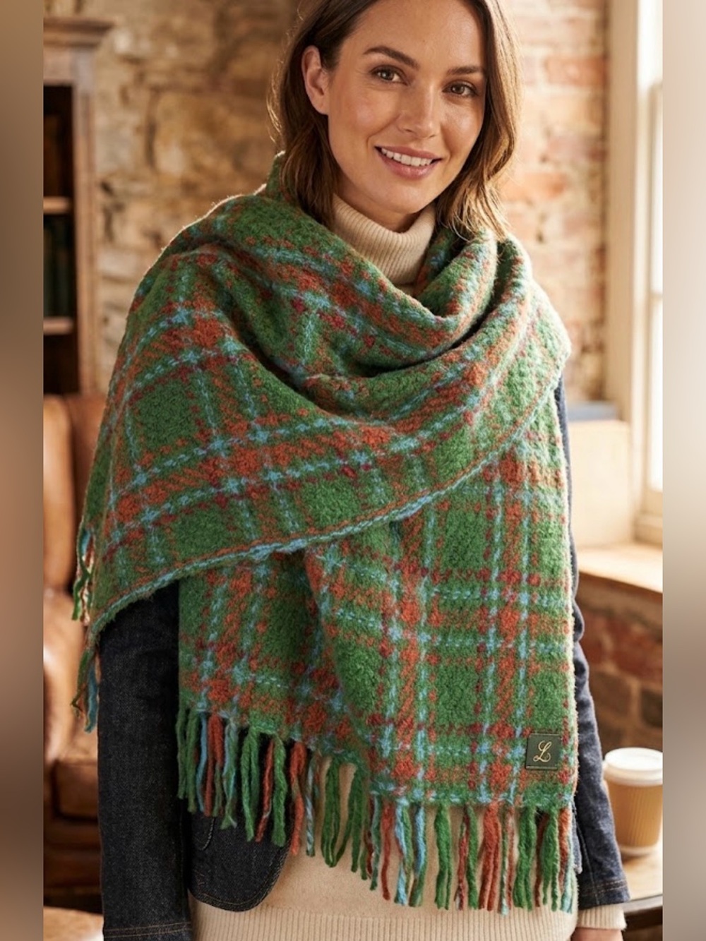 Cozy Green Plaid Fringe Wrap Scarf wool blend